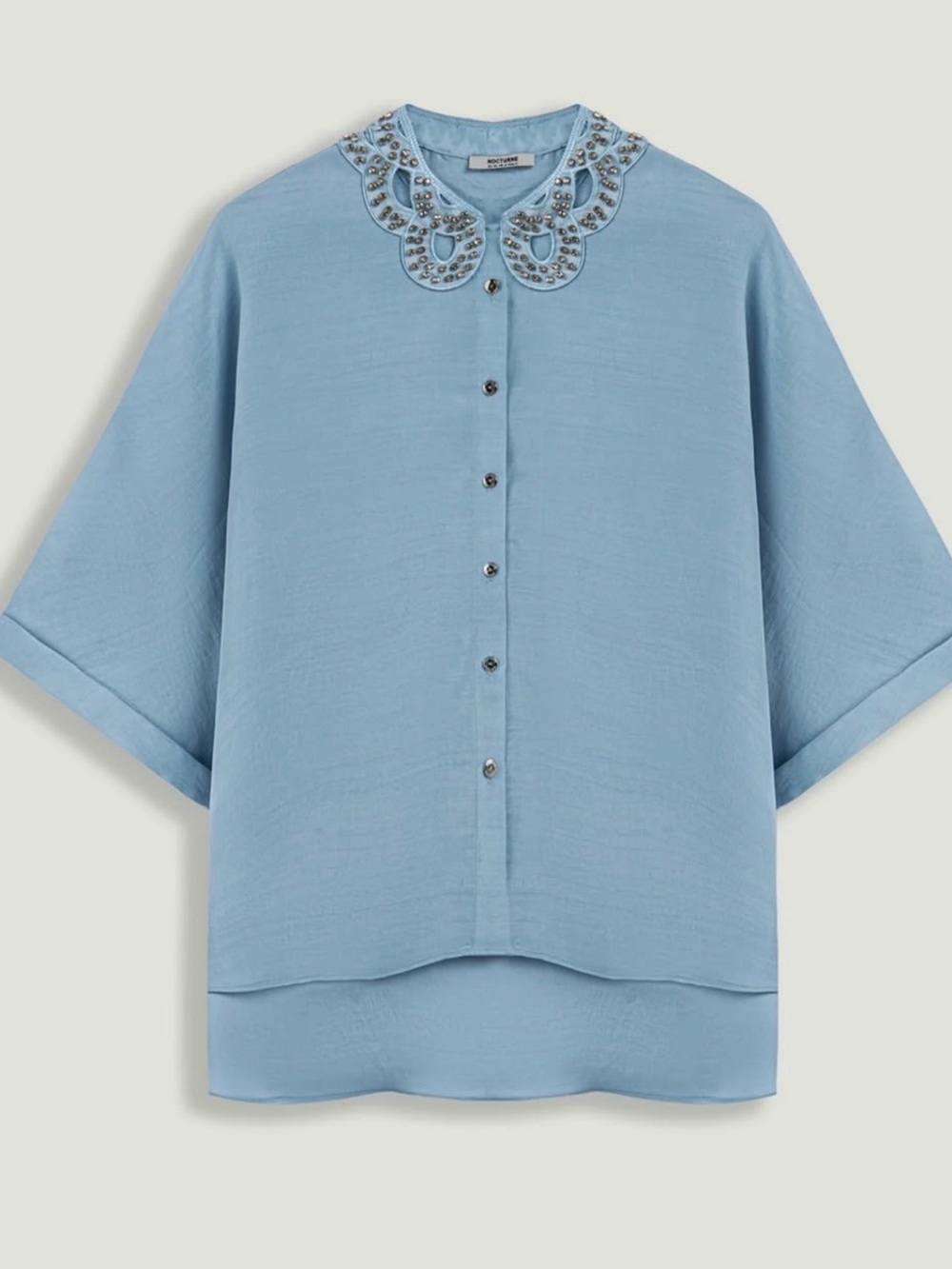 Embellished Peter Pan Collar Button-Front Top - Sky Blue